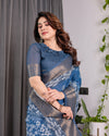 Indigo Blue Handloom Linen Saree with White Village & Tree Print Pallu | Zari Woven Border | 5.5m Saree + 0.8m Blouse | Pallu Tassels