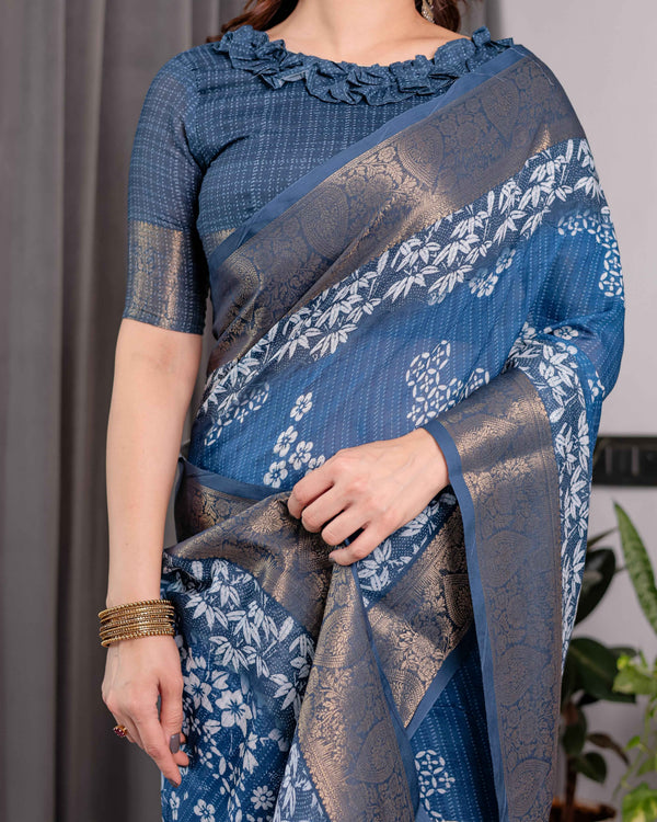 Indigo Blue Handloom Linen Saree with White Village & Tree Print Pallu | Zari Woven Border | 5.5m Saree + 0.8m Blouse | Pallu Tassels
