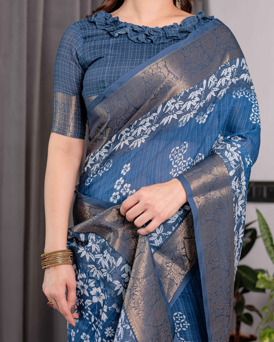 Indigo Blue Handloom Linen Saree with White Village & Tree Print Pallu | Zari Woven Border | 5.5m Saree + 0.8m Blouse | Pallu Tassels