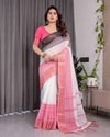 White & Charcoal Handloom Linen Saree with Pink Striped Pallu & Zari Woven Borders | 5.5m Saree + 0.8m Blouse | Tassel Finish