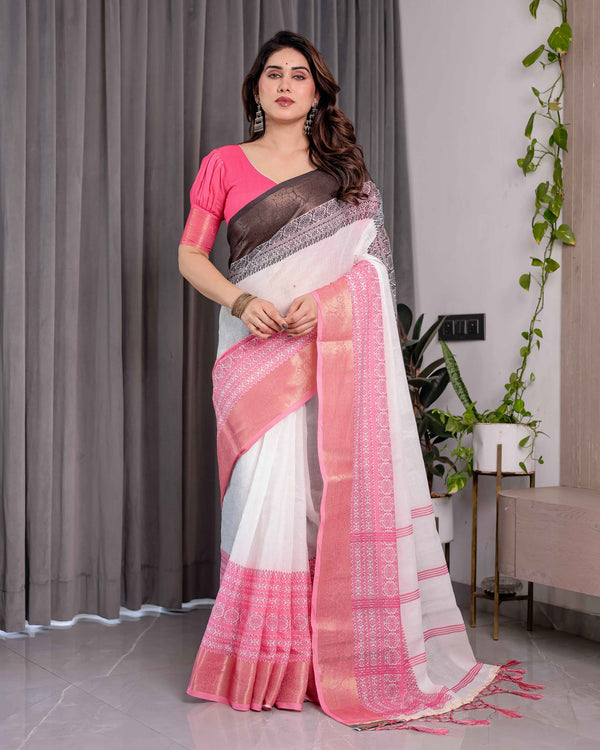 White & Charcoal Handloom Linen Saree with Pink Striped Pallu & Zari Woven Borders | 5.5m Saree + 0.8m Blouse | Tassel Finish