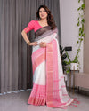 White & Charcoal Handloom Linen Saree with Pink Striped Pallu & Zari Woven Borders | 5.5m Saree + 0.8m Blouse | Tassel Finish