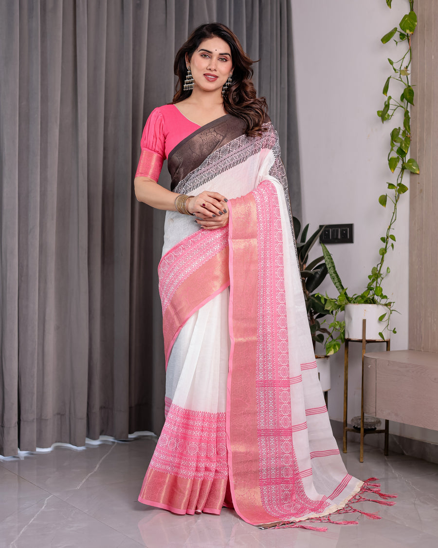 White & Charcoal Handloom Linen Saree with Pink Striped Pallu & Zari Woven Borders | 5.5m Saree + 0.8m Blouse | Tassel Finish