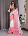 White & Charcoal Handloom Linen Saree with Pink Striped Pallu & Zari Woven Borders | 5.5m Saree + 0.8m Blouse | Tassel Finish