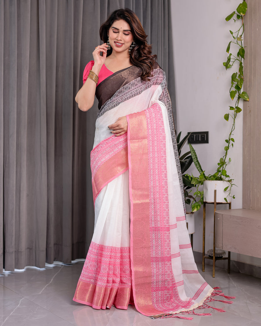 White & Charcoal Handloom Linen Saree with Pink Striped Pallu & Zari Woven Borders | 5.5m Saree + 0.8m Blouse | Tassel Finish