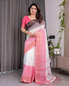 White & Charcoal Handloom Linen Saree with Pink Striped Pallu & Zari Woven Borders | 5.5m Saree + 0.8m Blouse | Tassel Finish