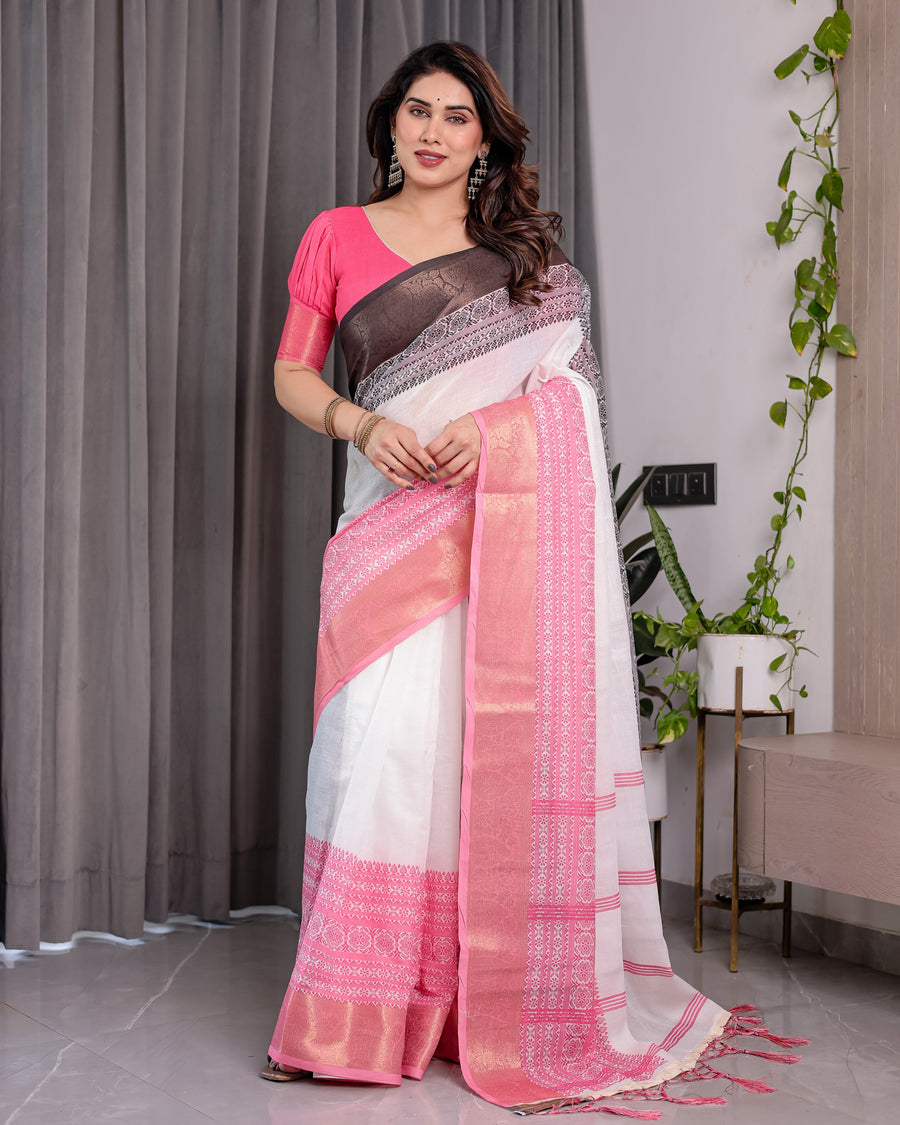 White & Charcoal Handloom Linen Saree with Pink Striped Pallu & Zari Woven Borders | 5.5m Saree + 0.8m Blouse | Tassel Finish