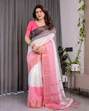 White & Charcoal Handloom Linen Saree with Pink Striped Pallu & Zari Woven Borders | 5.5m Saree + 0.8m Blouse | Tassel Finish