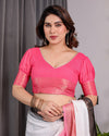 White & Charcoal Handloom Linen Saree with Pink Striped Pallu & Zari Woven Borders | 5.5m Saree + 0.8m Blouse | Tassel Finish