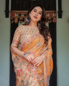 Sunny Mustard with Floral Motifs Linen Cotton Handloom Printed Saree, Delicate Borders, and Tassels