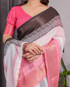 White & Charcoal Handloom Linen Saree with Pink Striped Pallu & Zari Woven Borders | 5.5m Saree + 0.8m Blouse | Tassel Finish