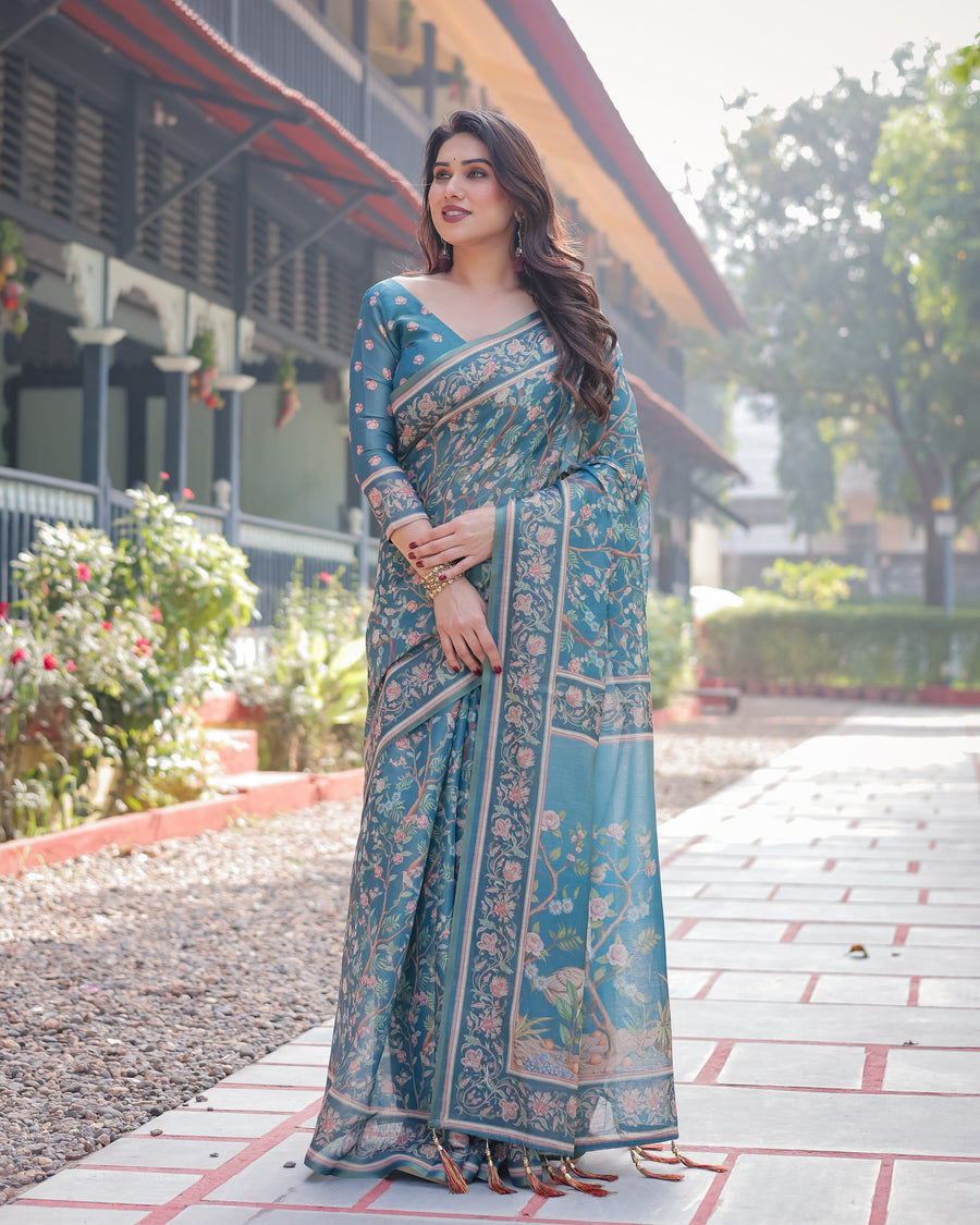 Aqua Blue Handloom Cotton-Linen Saree with Golden Zari Weave and Tassel Finish