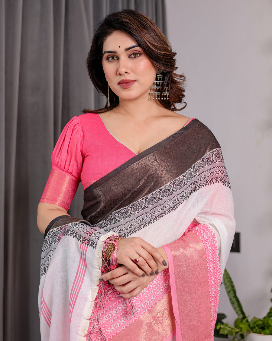 White & Charcoal Handloom Linen Saree with Pink Striped Pallu & Zari Woven Borders | 5.5m Saree + 0.8m Blouse | Tassel Finish