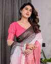 White & Charcoal Handloom Linen Saree with Pink Striped Pallu & Zari Woven Borders | 5.5m Saree + 0.8m Blouse | Tassel Finish