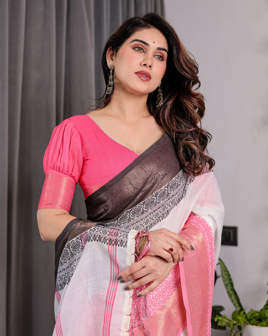 White & Charcoal Handloom Linen Saree with Pink Striped Pallu & Zari Woven Borders | 5.5m Saree + 0.8m Blouse | Tassel Finish