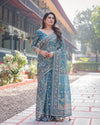 Aqua Blue Handloom Cotton-Linen Saree with Golden Zari Weave and Tassel Finish