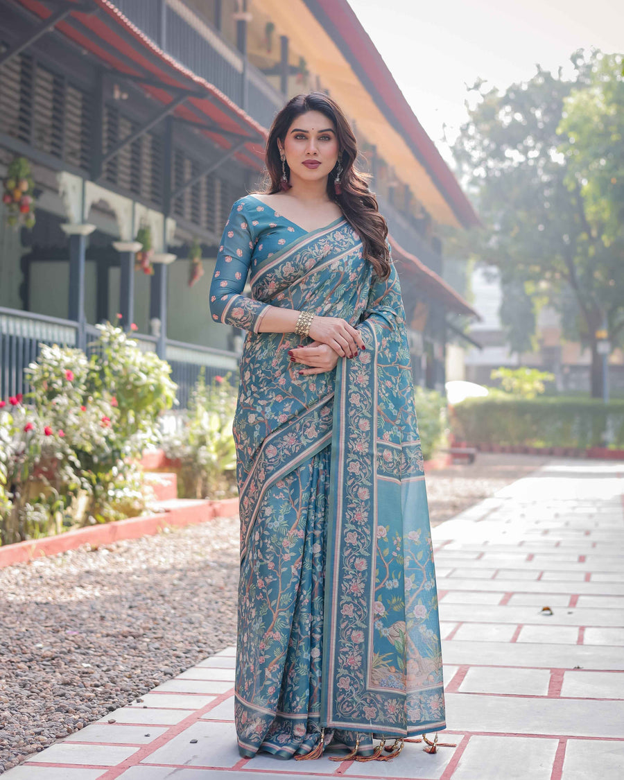 Aqua Blue Handloom Cotton-Linen Saree with Golden Zari Weave and Tassel Finish