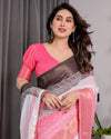 White & Charcoal Handloom Linen Saree with Pink Striped Pallu & Zari Woven Borders | 5.5m Saree + 0.8m Blouse | Tassel Finish
