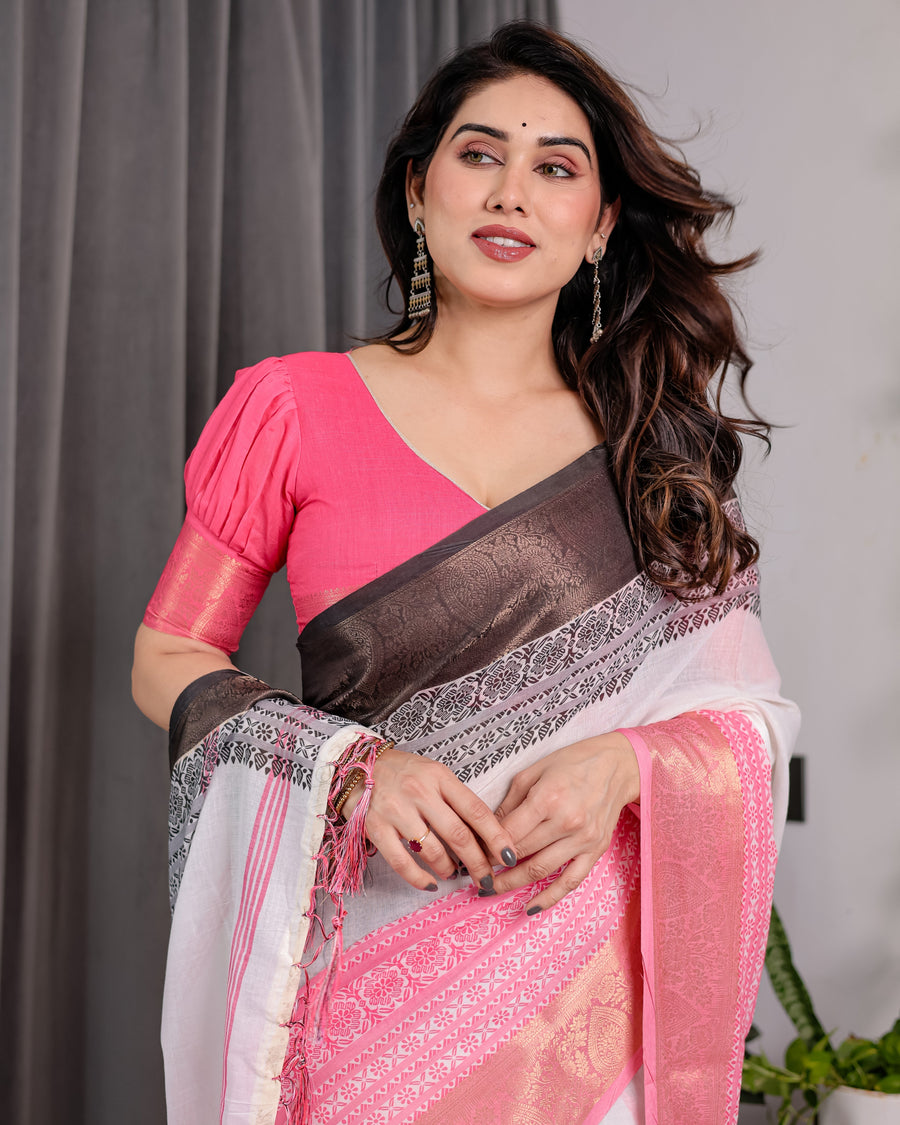 White & Charcoal Handloom Linen Saree with Pink Striped Pallu & Zari Woven Borders | 5.5m Saree + 0.8m Blouse | Tassel Finish