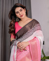White & Charcoal Handloom Linen Saree with Pink Striped Pallu & Zari Woven Borders | 5.5m Saree + 0.8m Blouse | Tassel Finish
