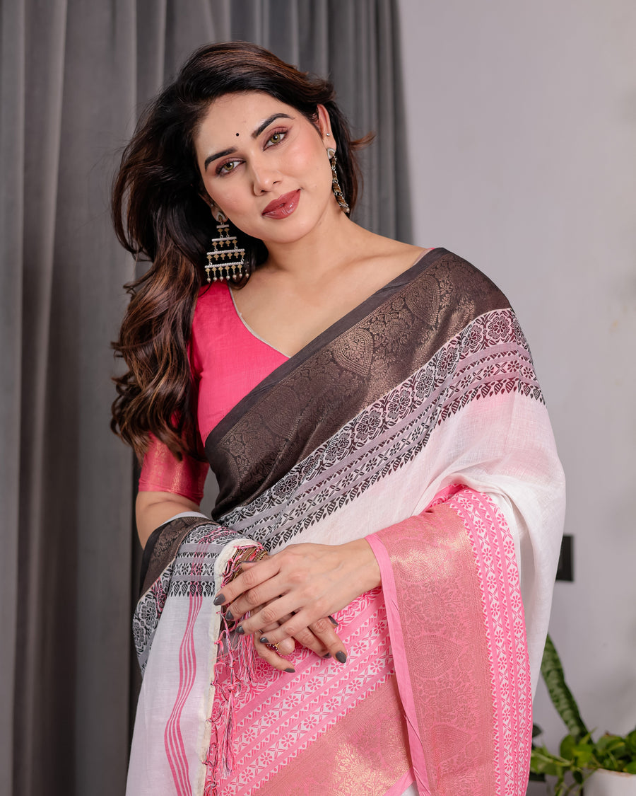 White & Charcoal Handloom Linen Saree with Pink Striped Pallu & Zari Woven Borders | 5.5m Saree + 0.8m Blouse | Tassel Finish