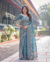 Aqua Blue Handloom Cotton-Linen Saree with Golden Zari Weave and Tassel Finish