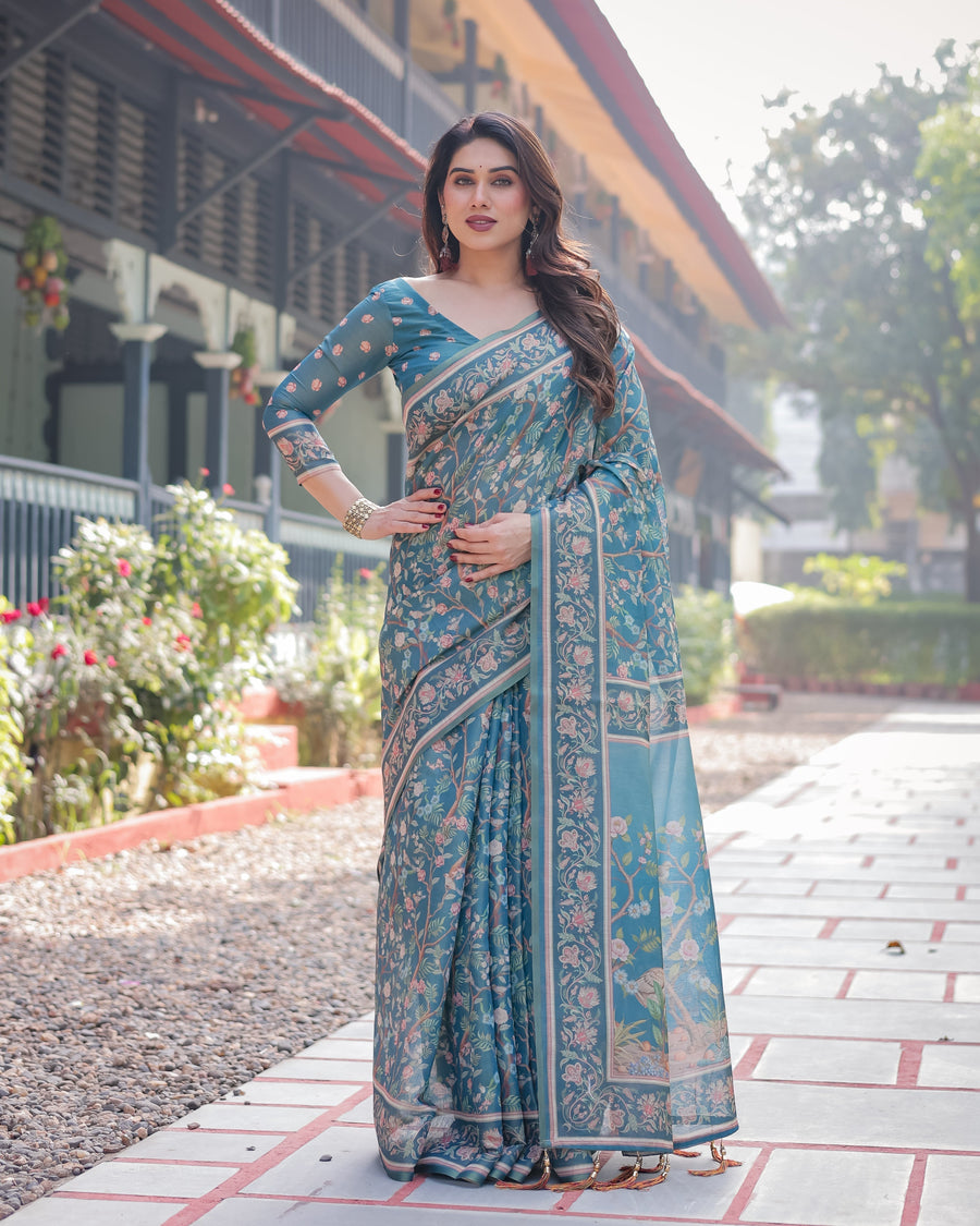 Aqua Blue Handloom Cotton-Linen Saree with Golden Zari Weave and Tassel Finish