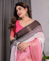 White & Charcoal Handloom Linen Saree with Pink Striped Pallu & Zari Woven Borders | 5.5m Saree + 0.8m Blouse | Tassel Finish