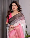 White & Charcoal Handloom Linen Saree with Pink Striped Pallu & Zari Woven Borders | 5.5m Saree + 0.8m Blouse | Tassel Finish