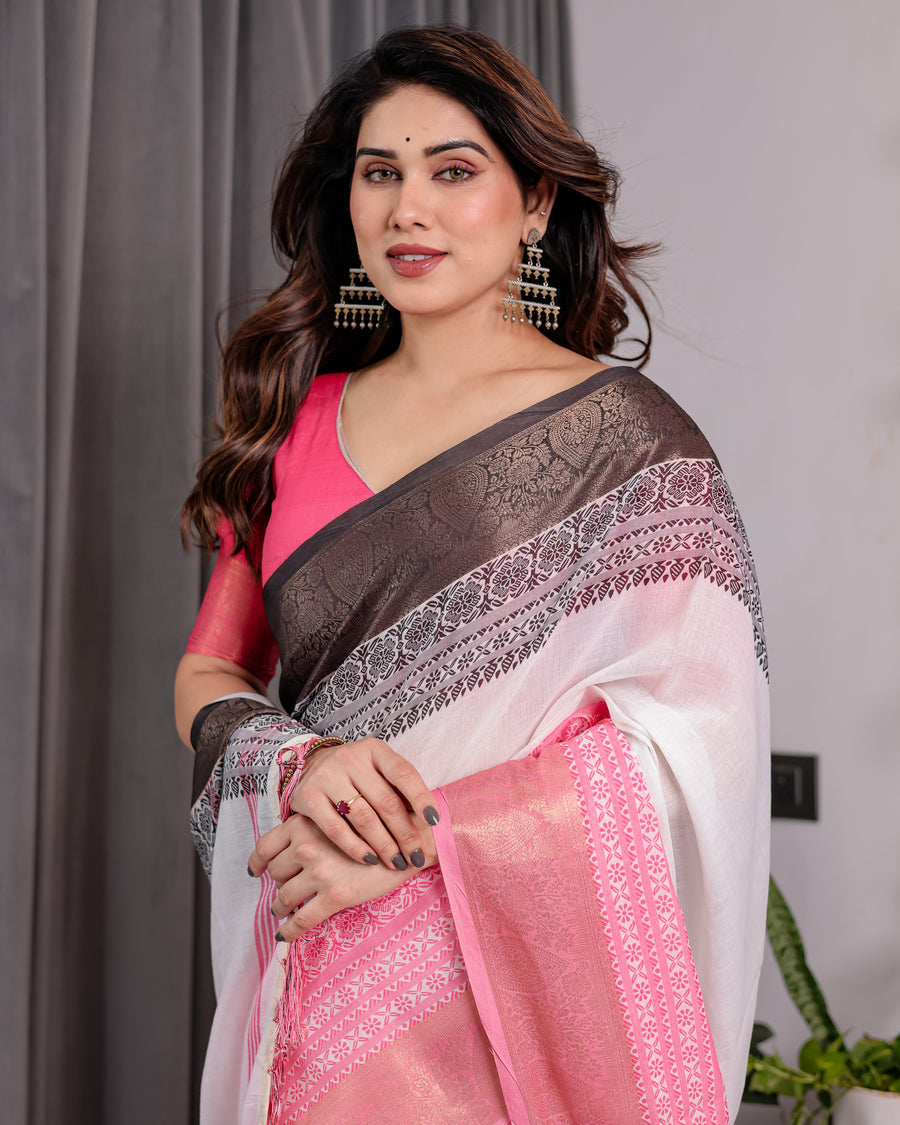 White & Charcoal Handloom Linen Saree with Pink Striped Pallu & Zari Woven Borders | 5.5m Saree + 0.8m Blouse | Tassel Finish