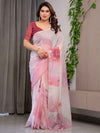 Blush Pink Designer Organza Saree with Artistic Flamingo Print & Multicolour Lace Border | Premium Lightweight Organza Saree with Attached Blouse Piece | Party & Festive Wear Saree