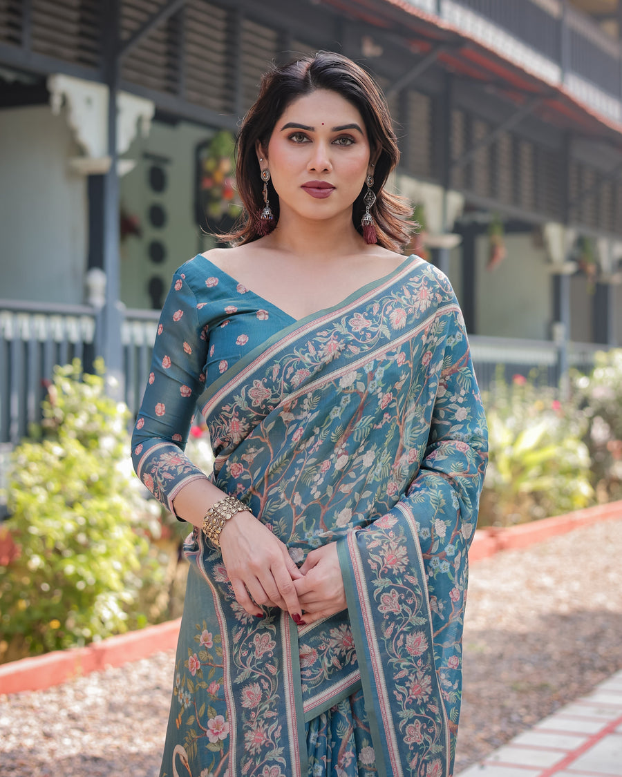 Aqua Blue Handloom Cotton-Linen Saree with Golden Zari Weave and Tassel Finish