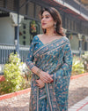 Aqua Blue Handloom Cotton-Linen Saree with Golden Zari Weave and Tassel Finish
