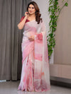 Blush Pink Designer Organza Saree with Artistic Flamingo Print & Multicolour Lace Border | Premium Lightweight Organza Saree with Attached Blouse Piece | Party & Festive Wear Saree