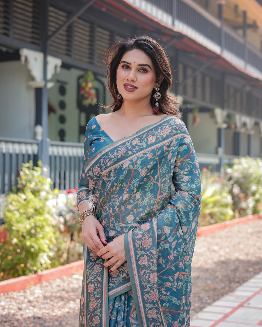Aqua Blue Handloom Cotton-Linen Saree with Golden Zari Weave and Tassel Finish