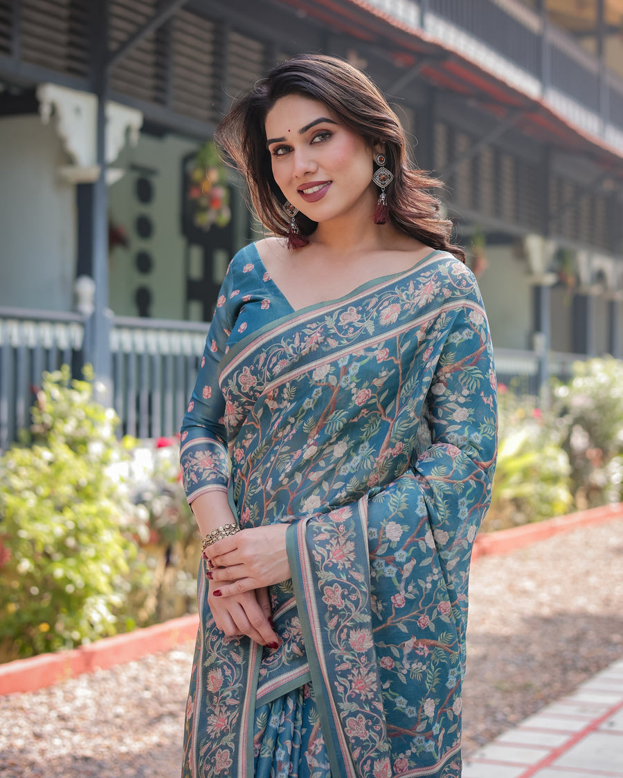 Aqua Blue Handloom Cotton-Linen Saree with Golden Zari Weave and Tassel Finish