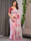 Blush Pink Designer Organza Saree with Artistic Flamingo Print & Multicolour Lace Border | Premium Lightweight Organza Saree with Attached Blouse Piece | Party & Festive Wear Saree