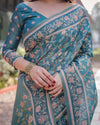 Aqua Blue Handloom Cotton-Linen Saree with Golden Zari Weave and Tassel Finish