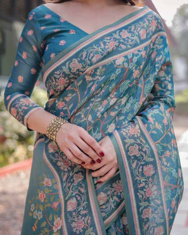 Aqua Blue Handloom Cotton-Linen Saree with Golden Zari Weave and Tassel Finish
