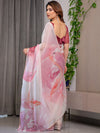 Blush Pink Designer Organza Saree with Artistic Flamingo Print & Multicolour Lace Border | Premium Lightweight Organza Saree with Attached Blouse Piece | Party & Festive Wear Saree