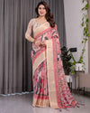 Ivory Pink Handloom Linen Saree with Artistic Flamingo & Floral Pallu | Zari Woven Border | 5.5m Saree + 0.8m Blouse | Tassel Detail