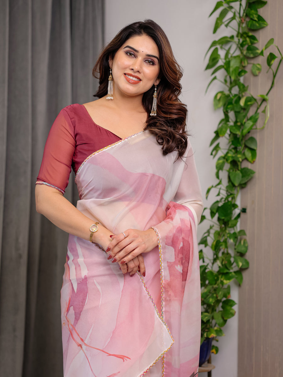 Blush Pink Designer Organza Saree with Artistic Flamingo Print & Multicolour Lace Border | Premium Lightweight Organza Saree with Attached Blouse Piece | Party & Festive Wear Saree