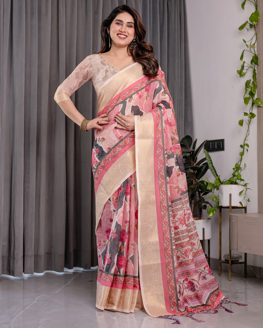 Ivory Pink Handloom Linen Saree with Artistic Flamingo & Floral Pallu | Zari Woven Border | 5.5m Saree + 0.8m Blouse | Tassel Detail