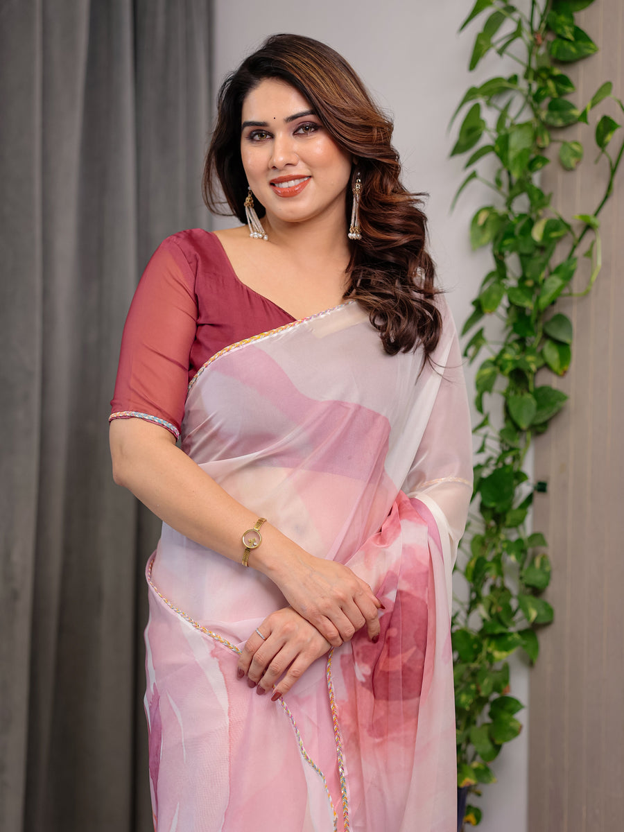 Blush Pink Designer Organza Saree with Artistic Flamingo Print & Multicolour Lace Border | Premium Lightweight Organza Saree with Attached Blouse Piece | Party & Festive Wear Saree