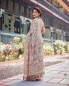 Classic Beige Handloom Cotton-Linen Saree with Madhubani-Inspired Prints and Zari Highlights
