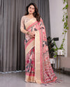 Ivory Pink Handloom Linen Saree with Artistic Flamingo & Floral Pallu | Zari Woven Border | 5.5m Saree + 0.8m Blouse | Tassel Detail