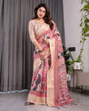 Ivory Pink Handloom Linen Saree with Artistic Flamingo & Floral Pallu | Zari Woven Border | 5.5m Saree + 0.8m Blouse | Tassel Detail
