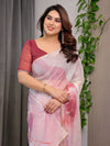 Blush Pink Designer Organza Saree with Artistic Flamingo Print & Multicolour Lace Border | Premium Lightweight Organza Saree with Attached Blouse Piece | Party & Festive Wear Saree