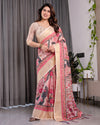 Ivory Pink Handloom Linen Saree with Artistic Flamingo & Floral Pallu | Zari Woven Border | 5.5m Saree + 0.8m Blouse | Tassel Detail