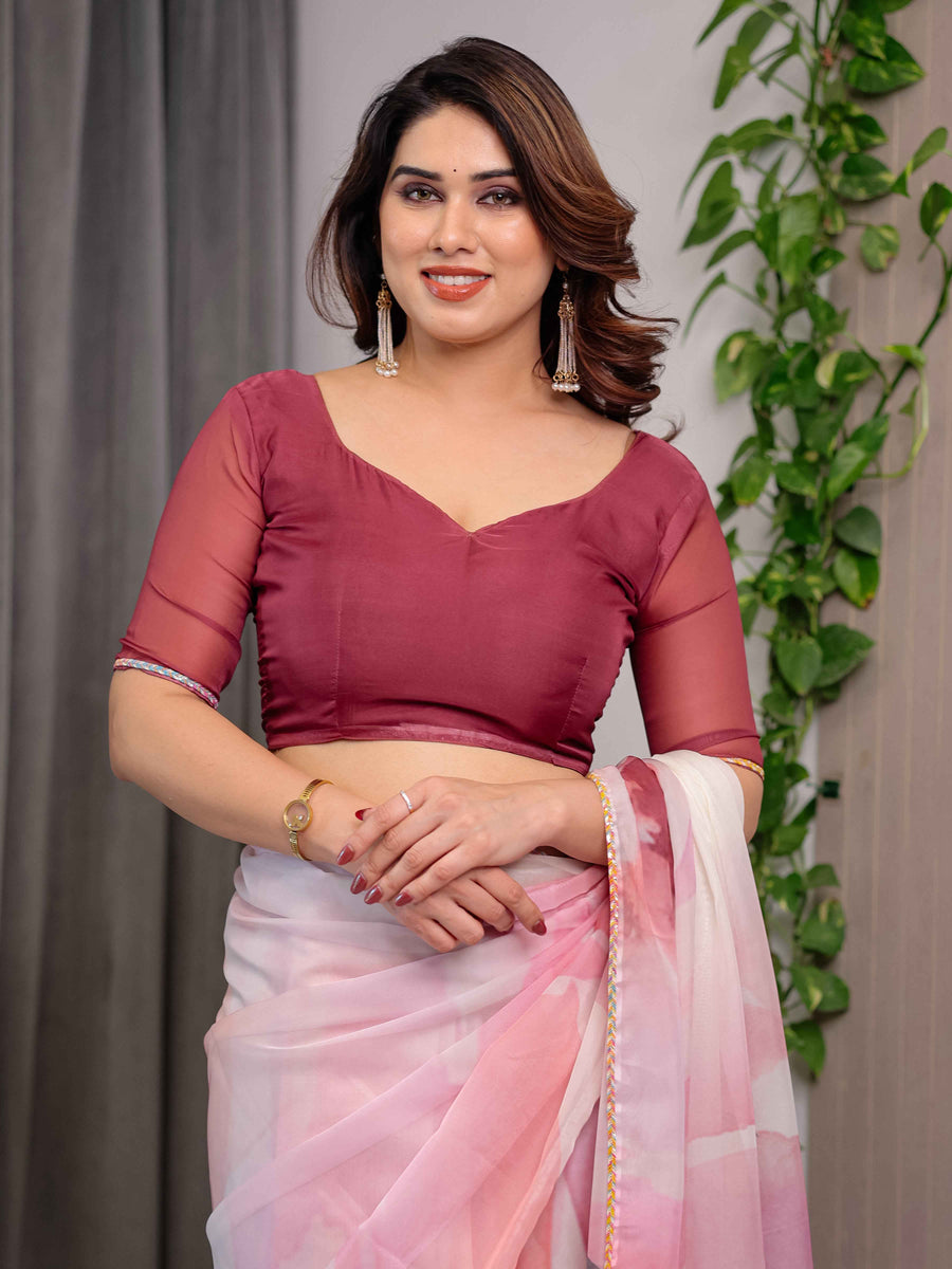 Blush Pink Designer Organza Saree with Artistic Flamingo Print & Multicolour Lace Border | Premium Lightweight Organza Saree with Attached Blouse Piece | Party & Festive Wear Saree
